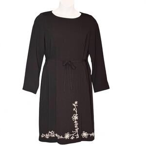 Vintage AGB Black Cocktail Dress Size 12 Floral Embroidered Midi Sheath Tie Belt